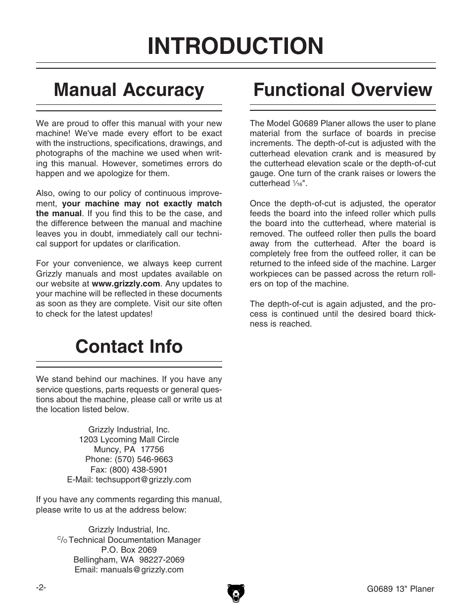 Introduction, Contact info functional overview manual accuracy | Grizzly G0689 User Manual | Page 4 / 44