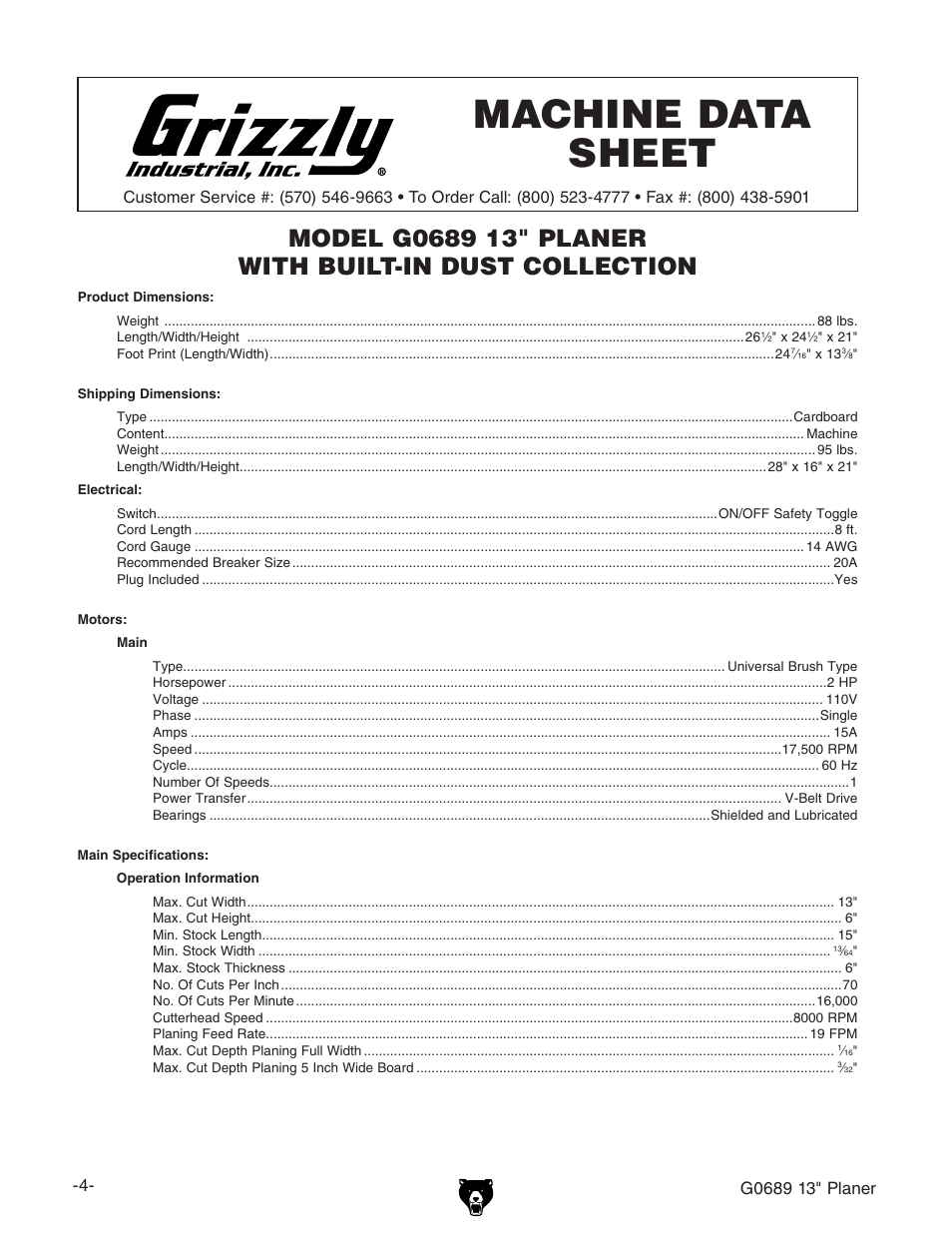 Machine data sheet | Grizzly G0689 User Manual | Page 6 / 44