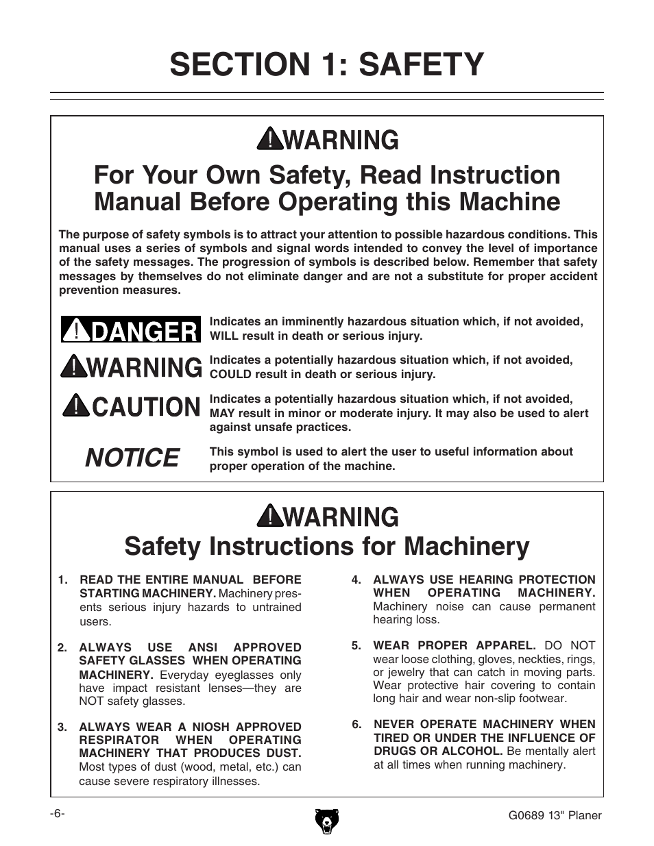 Safety instructions for machinery, Or -anual, 4)#% 3afety | Grizzly G0689 User Manual | Page 8 / 44