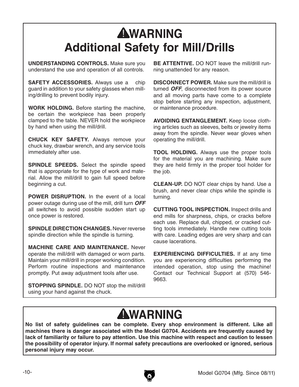 Additional safety for mill/drills | Grizzly G0704 User Manual | Page 12 / 60
