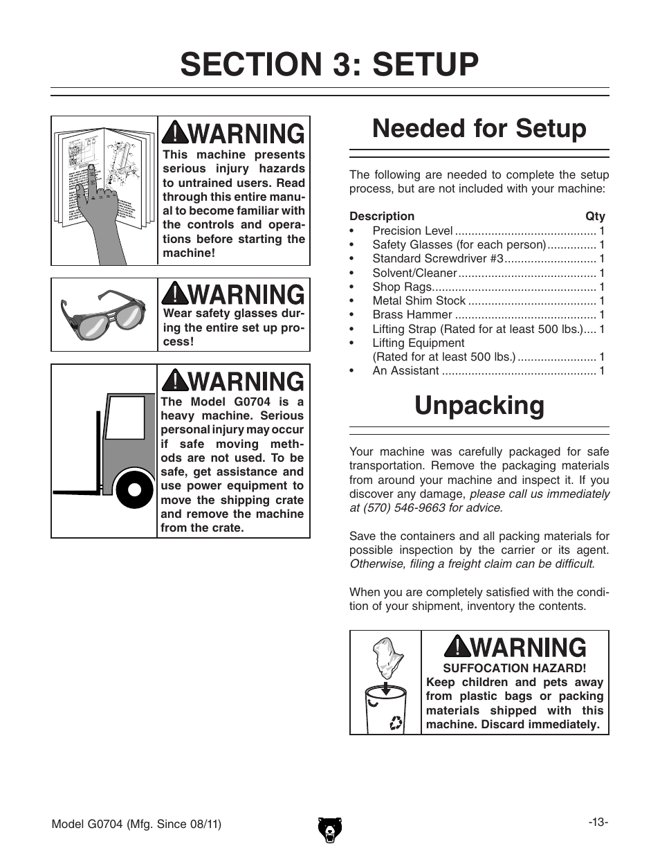 Needed for setup, Unpacking | Grizzly G0704 User Manual | Page 15 / 60