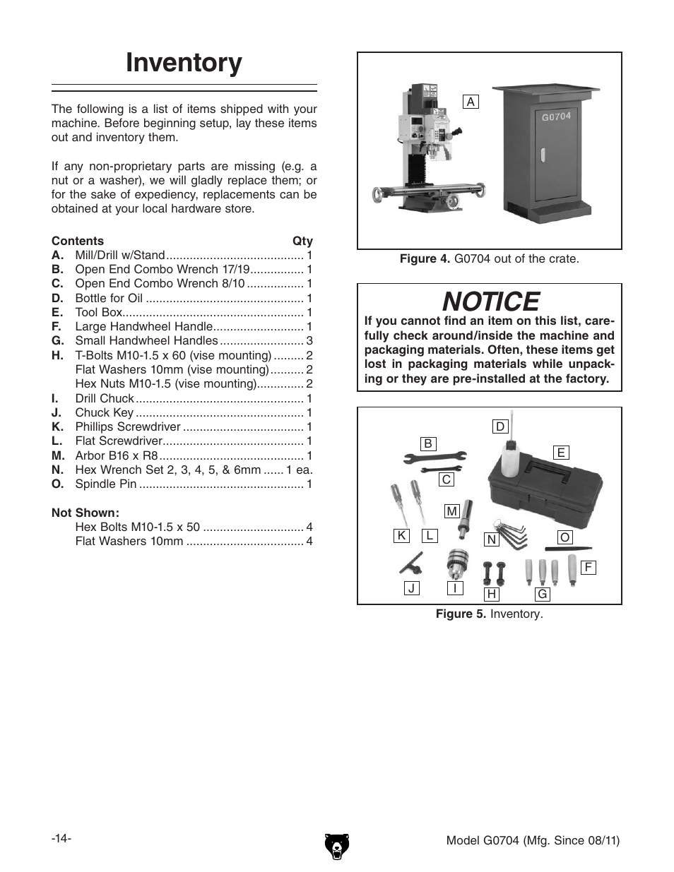 Inventory, Notice | Grizzly G0704 User Manual | Page 16 / 60