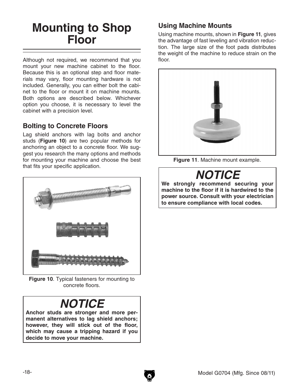 Mounting to shop floor, Notice | Grizzly G0704 User Manual | Page 20 / 60