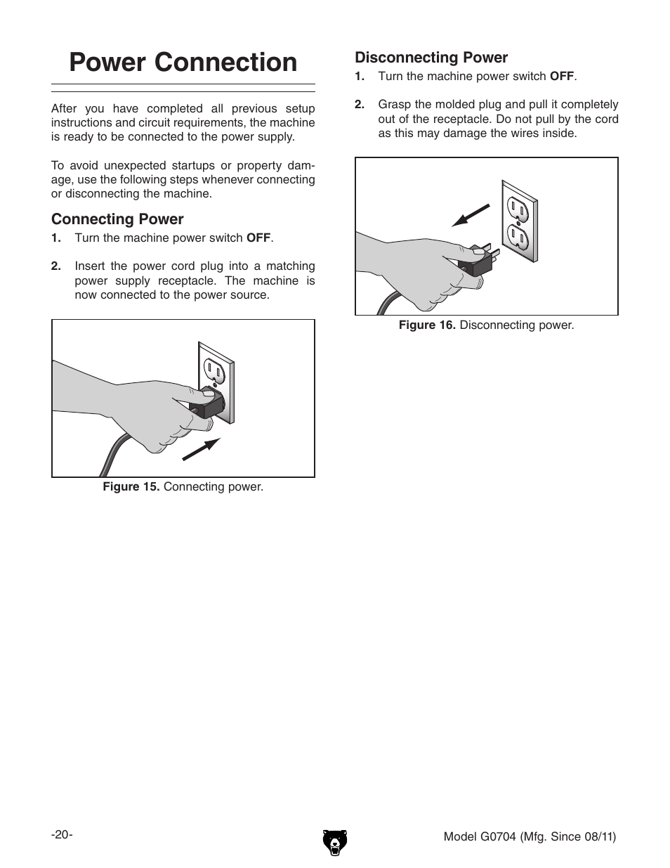 Power connection | Grizzly G0704 User Manual | Page 22 / 60