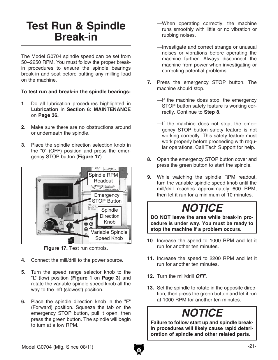 Test run & spindle break-in, Notice | Grizzly G0704 User Manual | Page 23 / 60