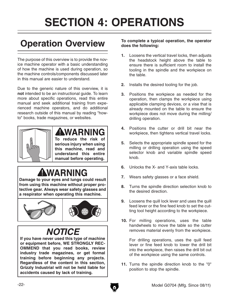 Operation overview, Notice | Grizzly G0704 User Manual | Page 24 / 60