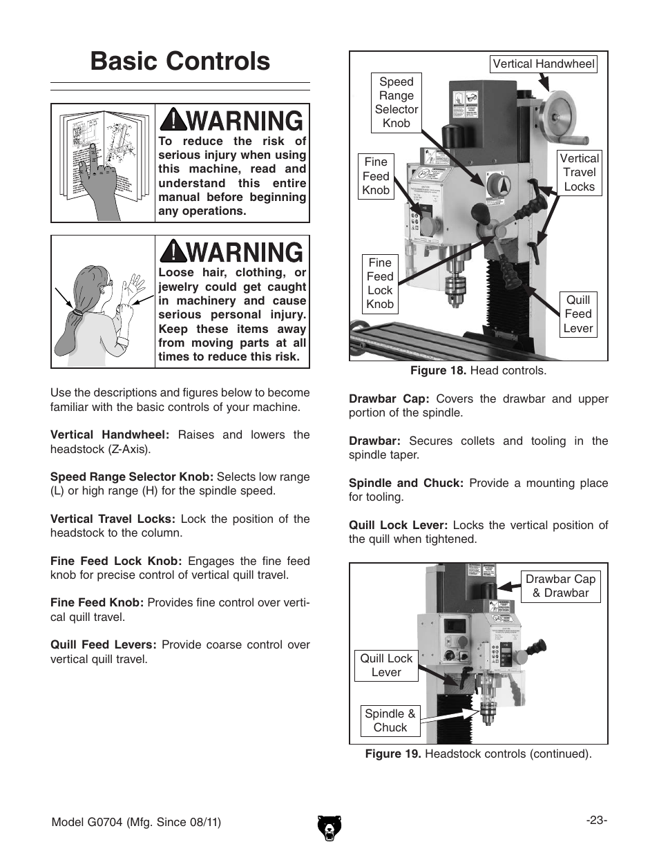 Basic controls | Grizzly G0704 User Manual | Page 25 / 60