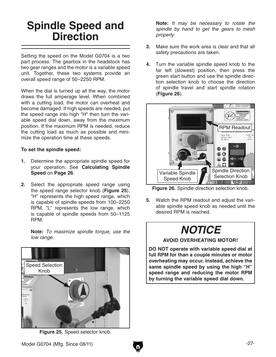 Spindle speed and direction, Notice | Grizzly G0704 User Manual | Page 29 / 60