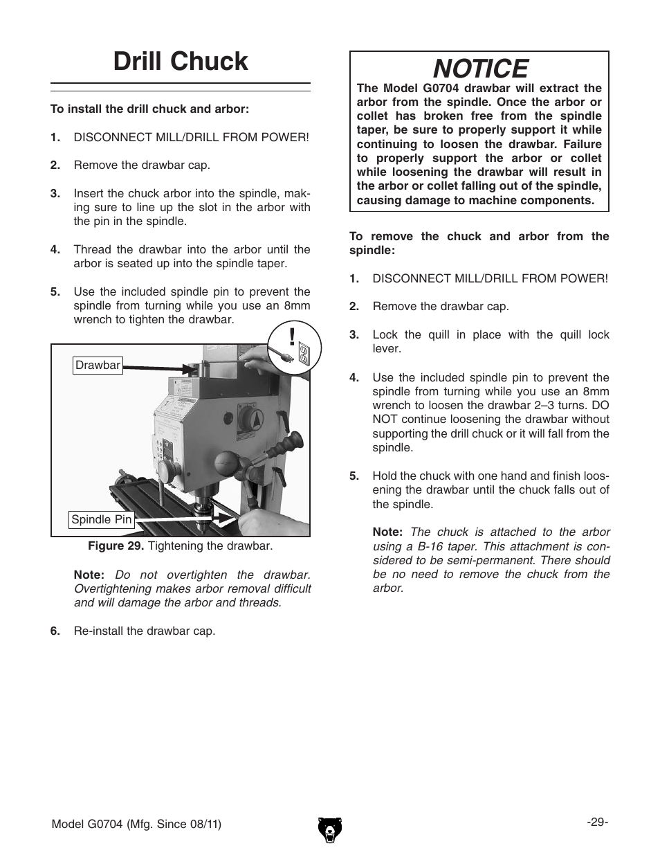 Drill chuck, Notice | Grizzly G0704 User Manual | Page 31 / 60