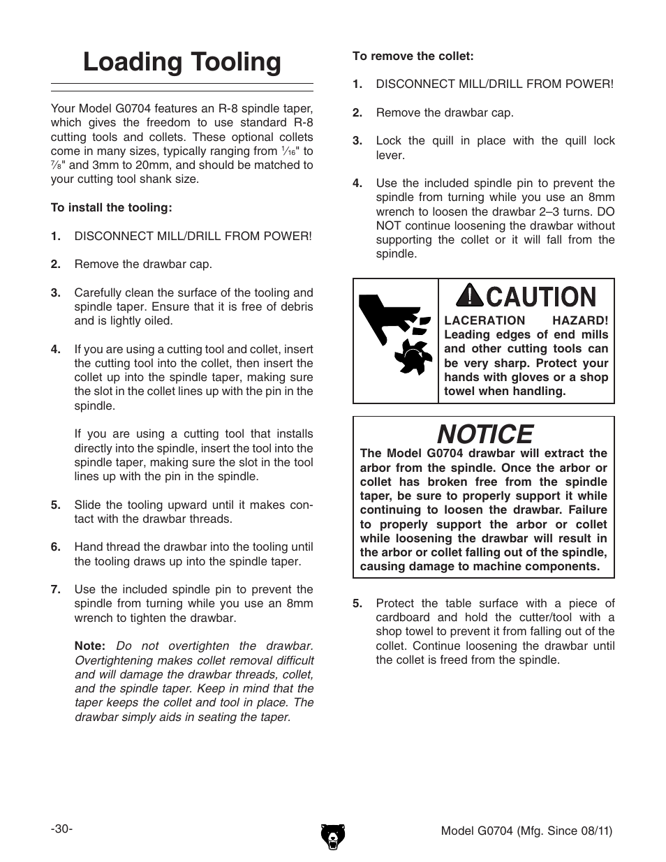 Loading tooling, Notice | Grizzly G0704 User Manual | Page 32 / 60