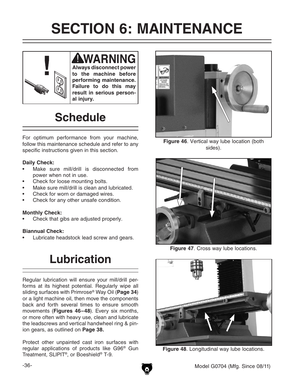 Schedule, Lubrication | Grizzly G0704 User Manual | Page 38 / 60