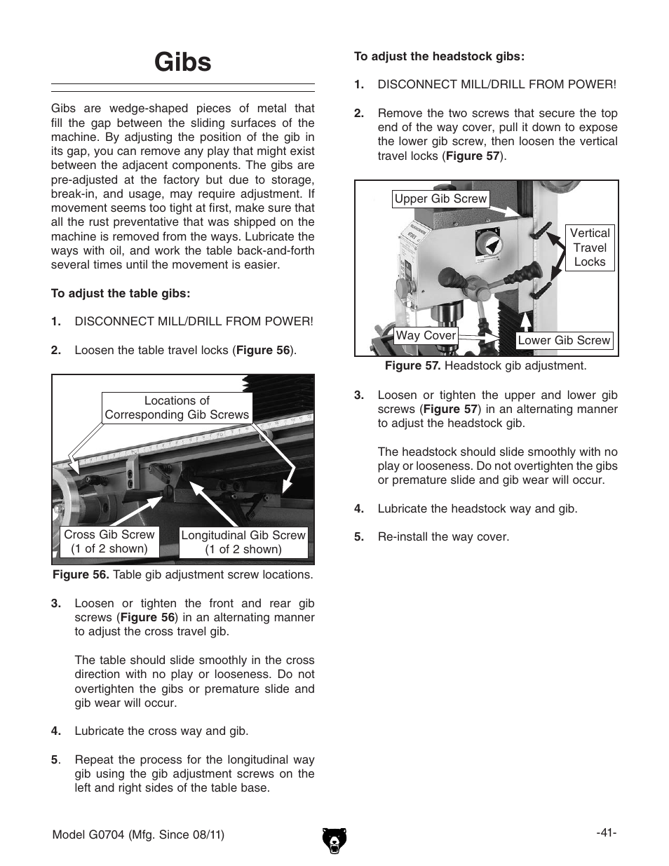 Gibs | Grizzly G0704 User Manual | Page 43 / 60