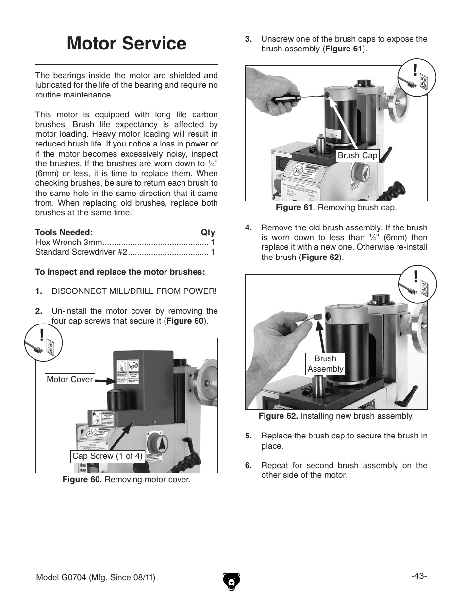 Motor service | Grizzly G0704 User Manual | Page 45 / 60