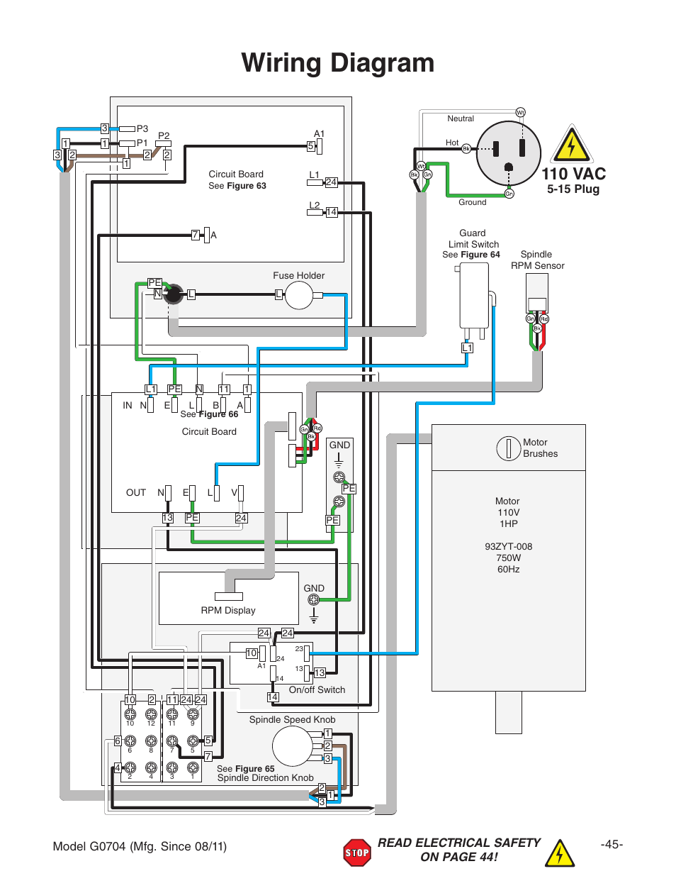 Wiring diagram, 110 vac | Grizzly G0704 User Manual | Page 47 / 60