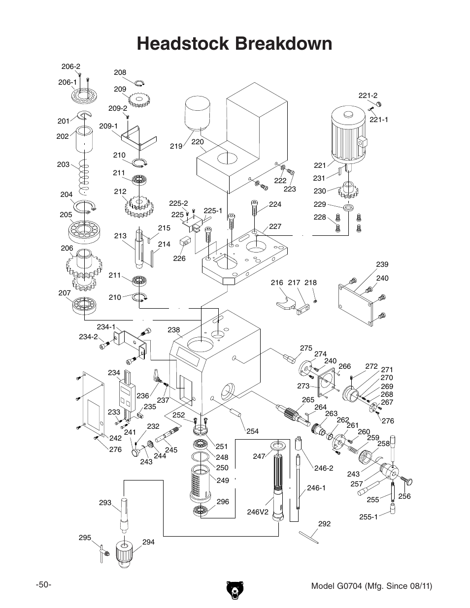 Headstock breakdown | Grizzly G0704 User Manual | Page 52 / 60