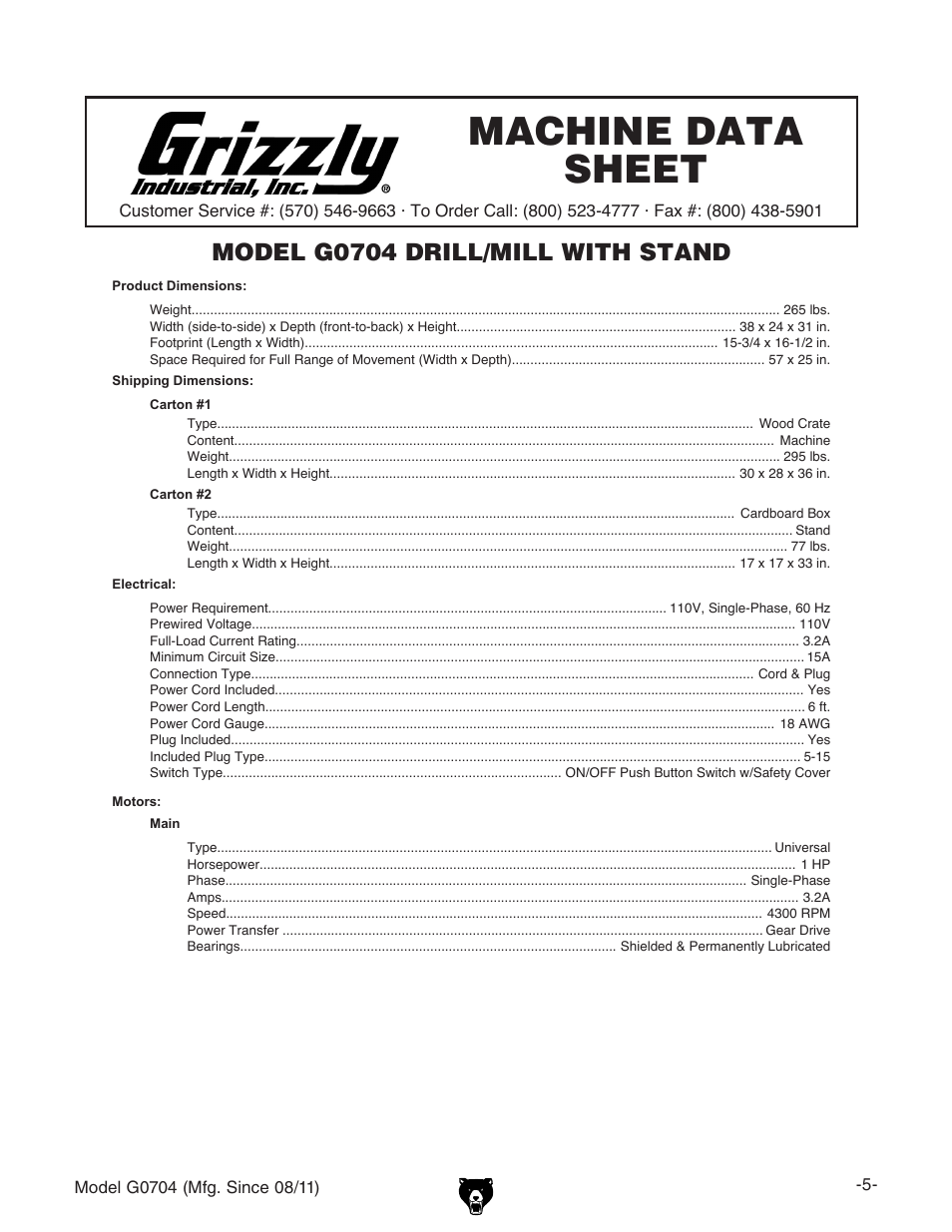 Machine data sheet, Model g0704 drill/mill with stand | Grizzly G0704 User Manual | Page 7 / 60