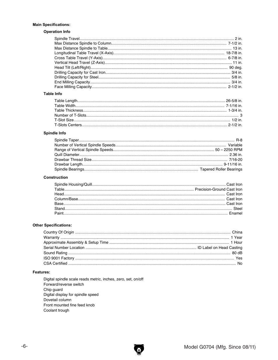 Grizzly G0704 User Manual | Page 8 / 60