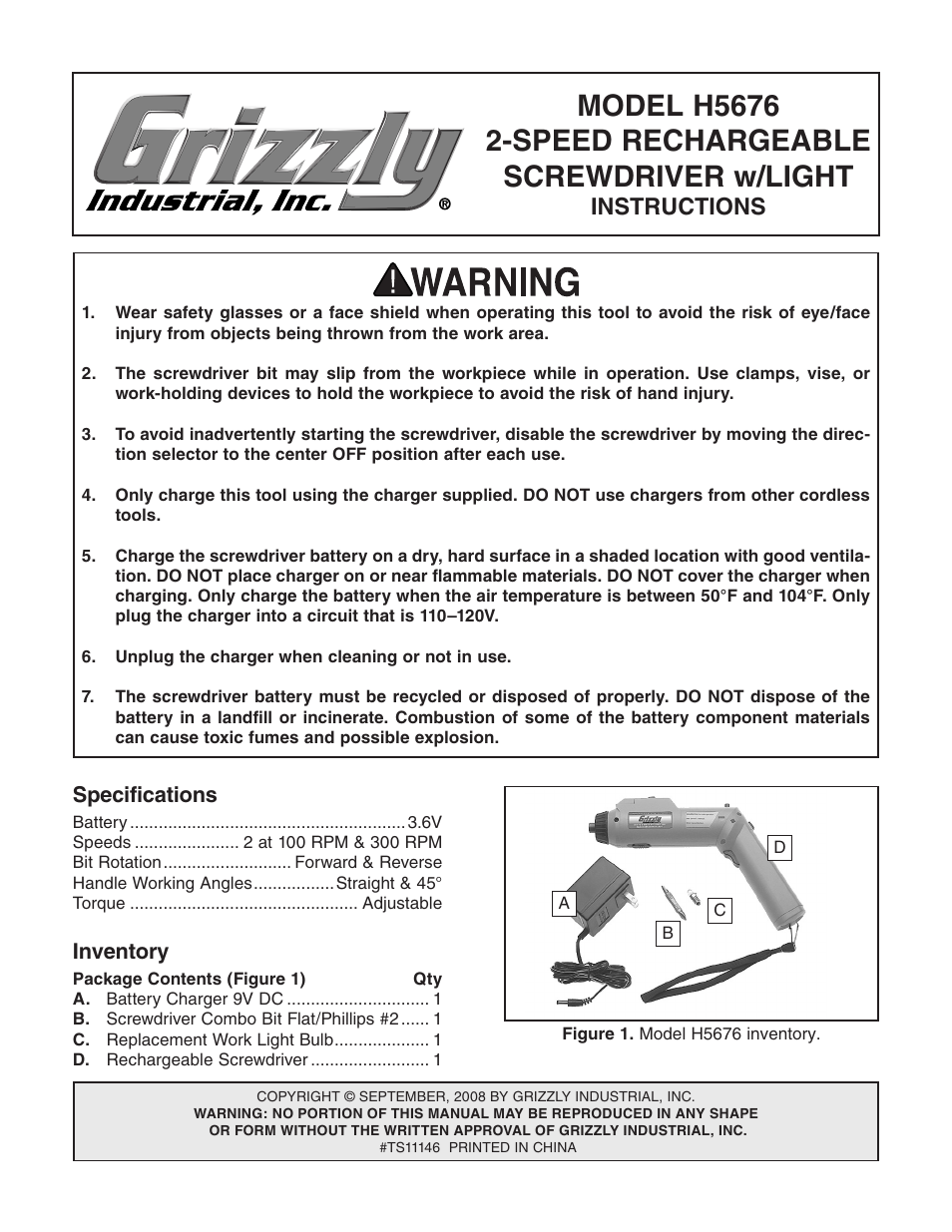 Grizzly H5676 User Manual | 2 pages