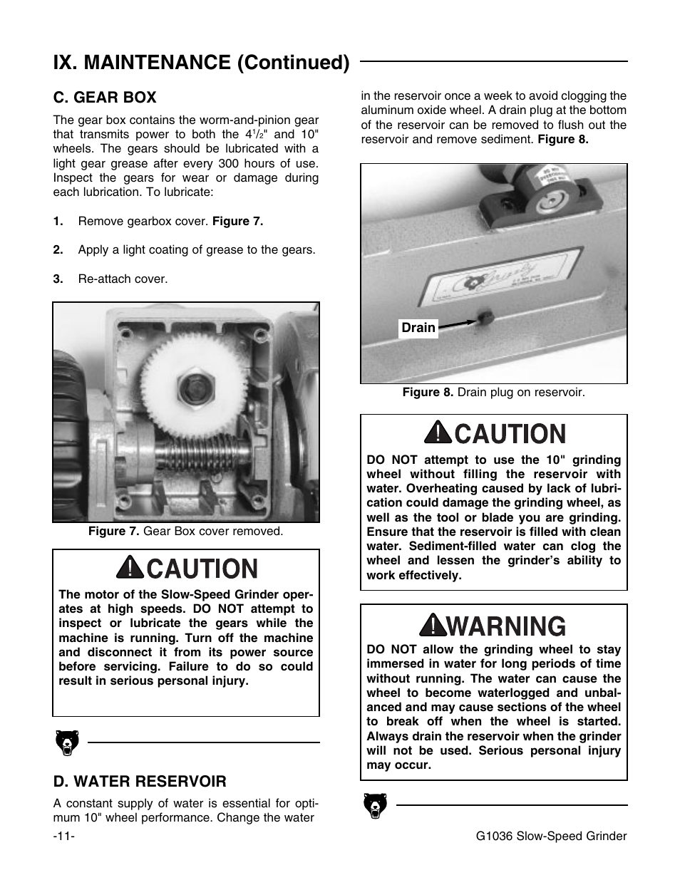 Ix. maintenance (continued), C. gear box, D. water reservoir | Grizzly G1036 User Manual | Page 11 / 14