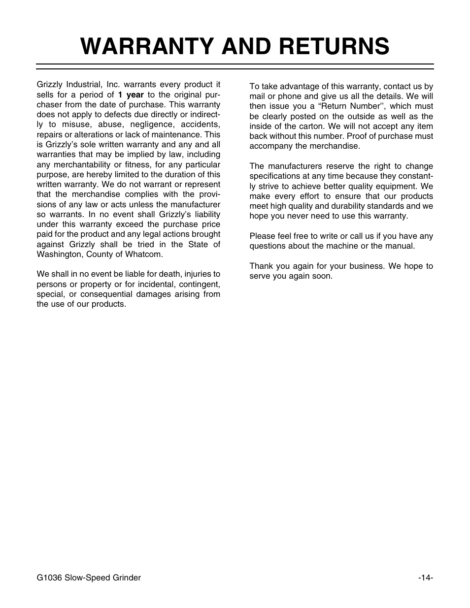 Warranty and returns | Grizzly G1036 User Manual | Page 14 / 14