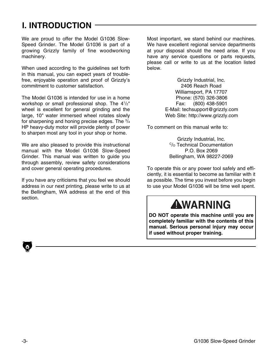 I. introduction | Grizzly G1036 User Manual | Page 3 / 14