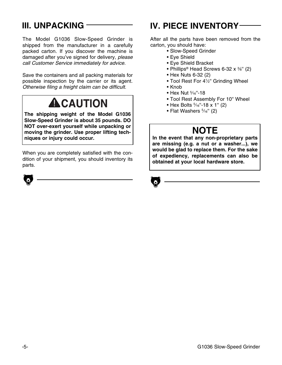 Iii. unpacking iv. piece inventory | Grizzly G1036 User Manual | Page 5 / 14