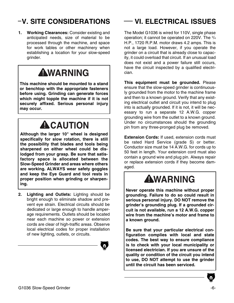 V. site considerations vi. electrical issues | Grizzly G1036 User Manual | Page 6 / 14