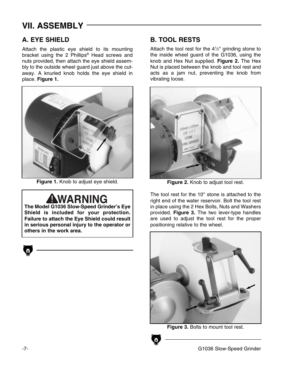 Vii. assembly, A. eye shield, B. tool rests | Grizzly G1036 User Manual | Page 7 / 14