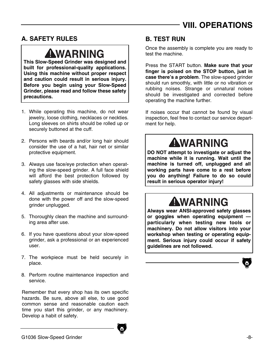 Viii. operations | Grizzly G1036 User Manual | Page 8 / 14
