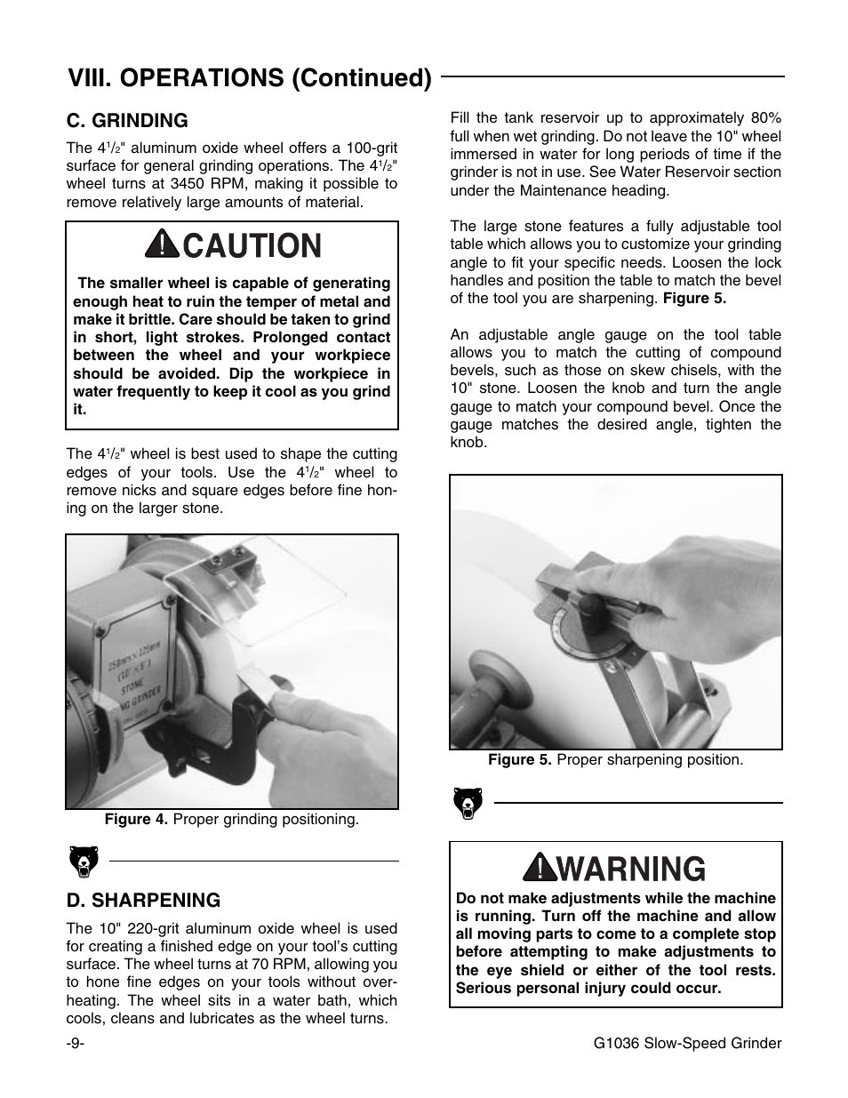 Viii. operations (continued), C. grinding, D. sharpening | Grizzly G1036 User Manual | Page 9 / 14