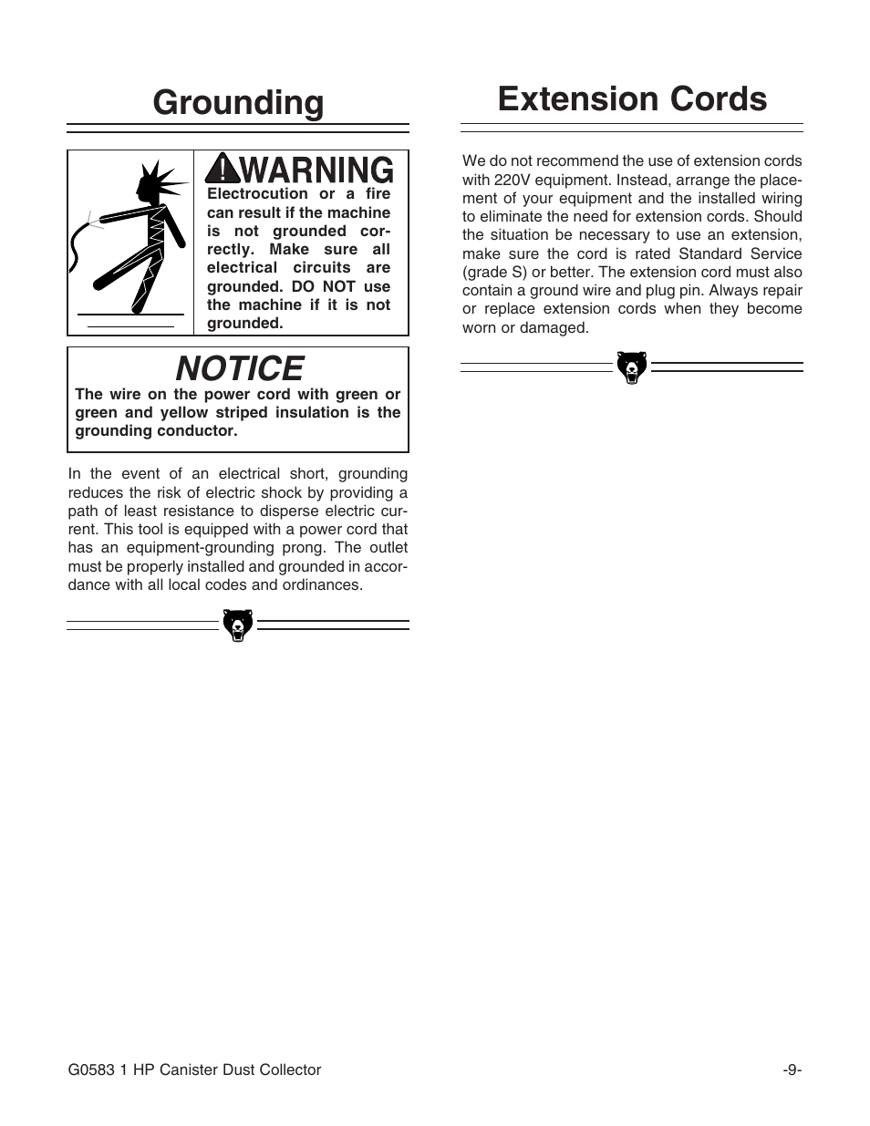 Notice, Extension cords grounding | Grizzly G0583 User Manual | Page 11 / 36