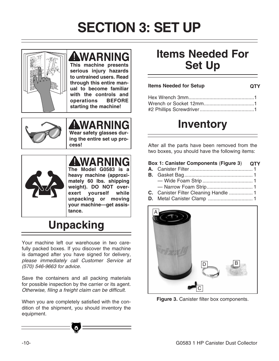 Unpacking, Items needed for set up, Inventory | Grizzly G0583 User Manual | Page 12 / 36