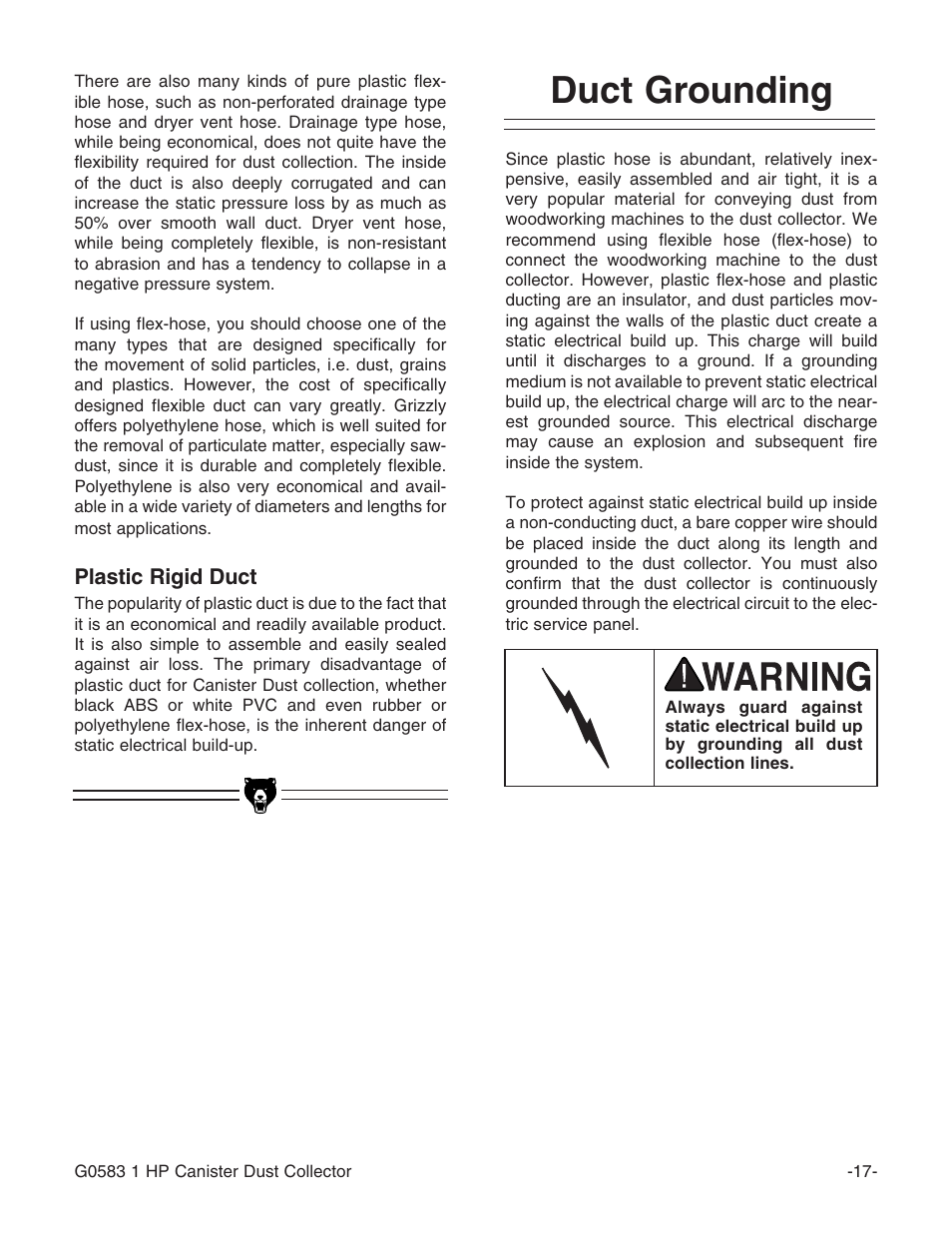 Duct grounding | Grizzly G0583 User Manual | Page 19 / 36