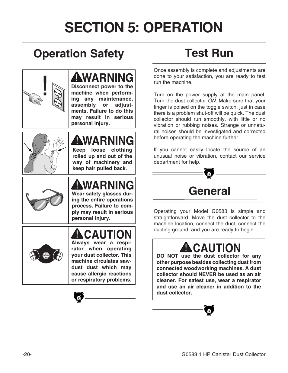 General test run, Operation safety | Grizzly G0583 User Manual | Page 22 / 36