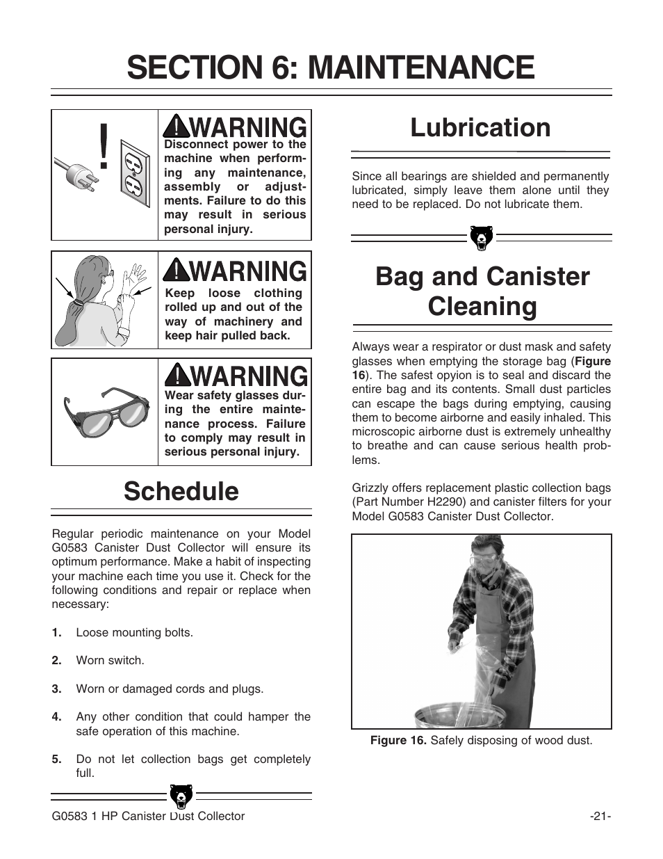 Bag and canister cleaning lubrication schedule | Grizzly G0583 User Manual | Page 23 / 36