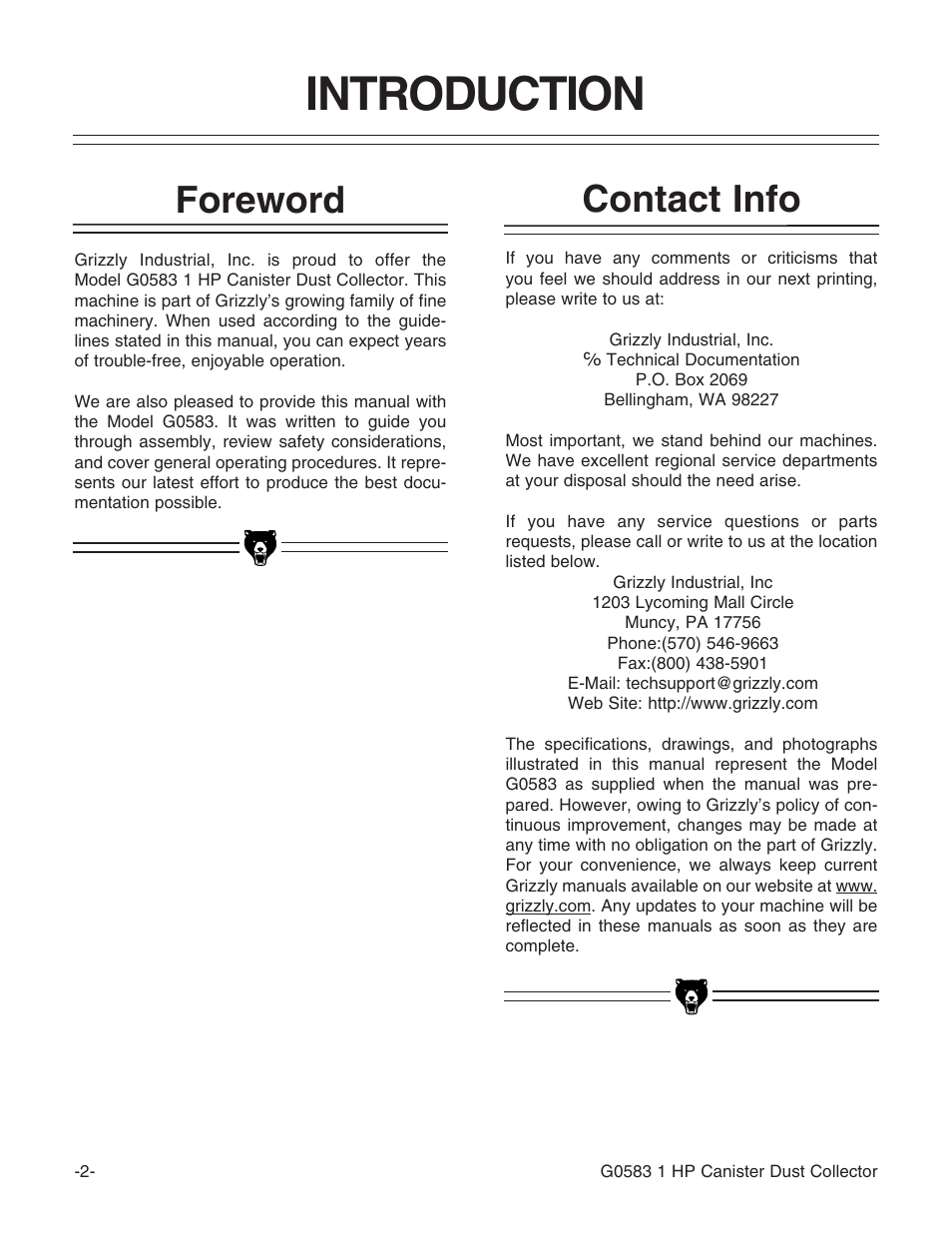 Introduction, Foreword, Contact info | Grizzly G0583 User Manual | Page 4 / 36