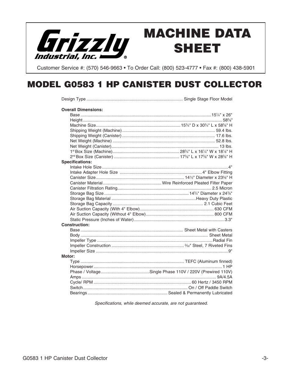 Machine data sheet | Grizzly G0583 User Manual | Page 5 / 36