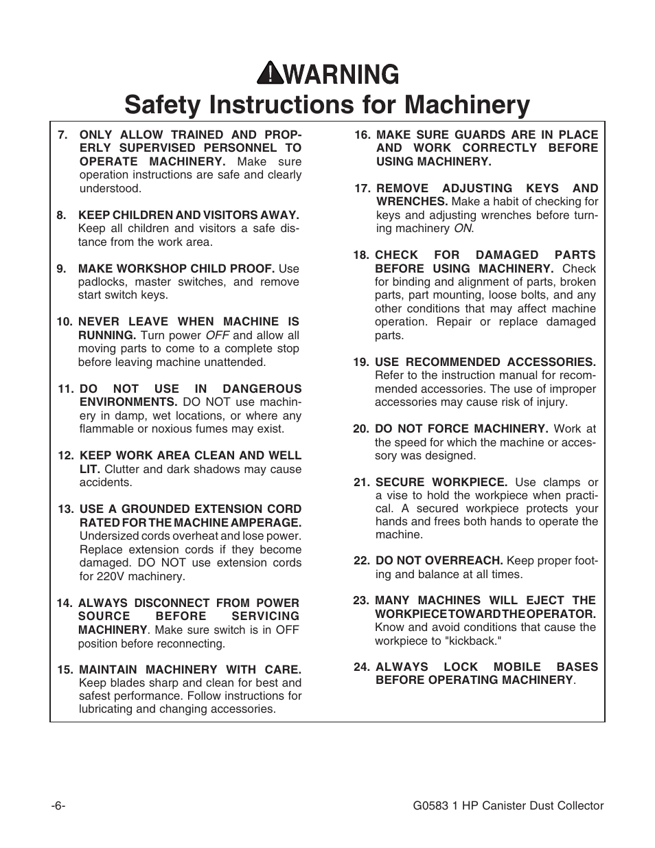 Safety instructions for machinery | Grizzly G0583 User Manual | Page 8 / 36