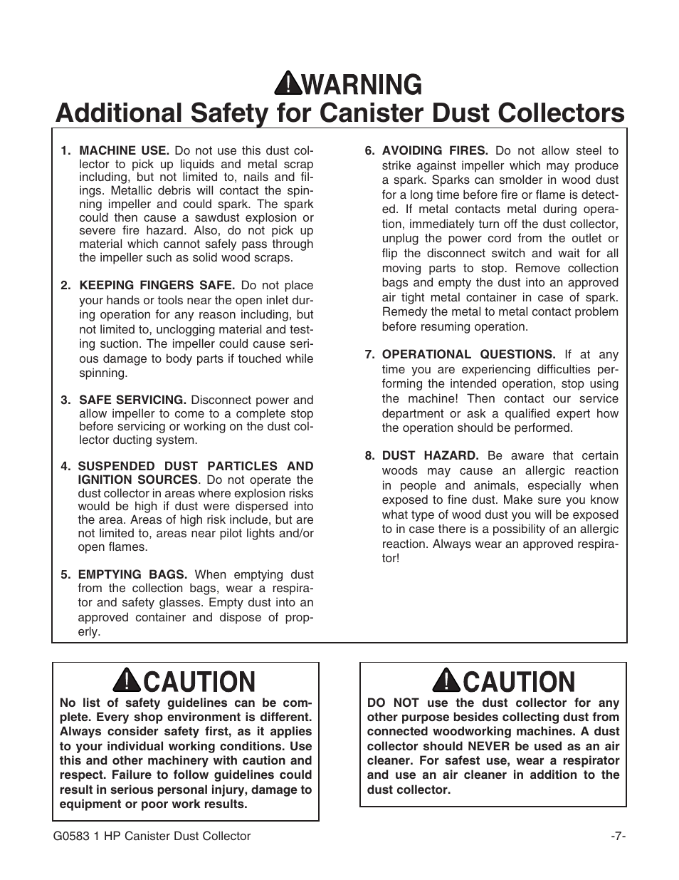 Additional safety for canister dust collectors | Grizzly G0583 User Manual | Page 9 / 36