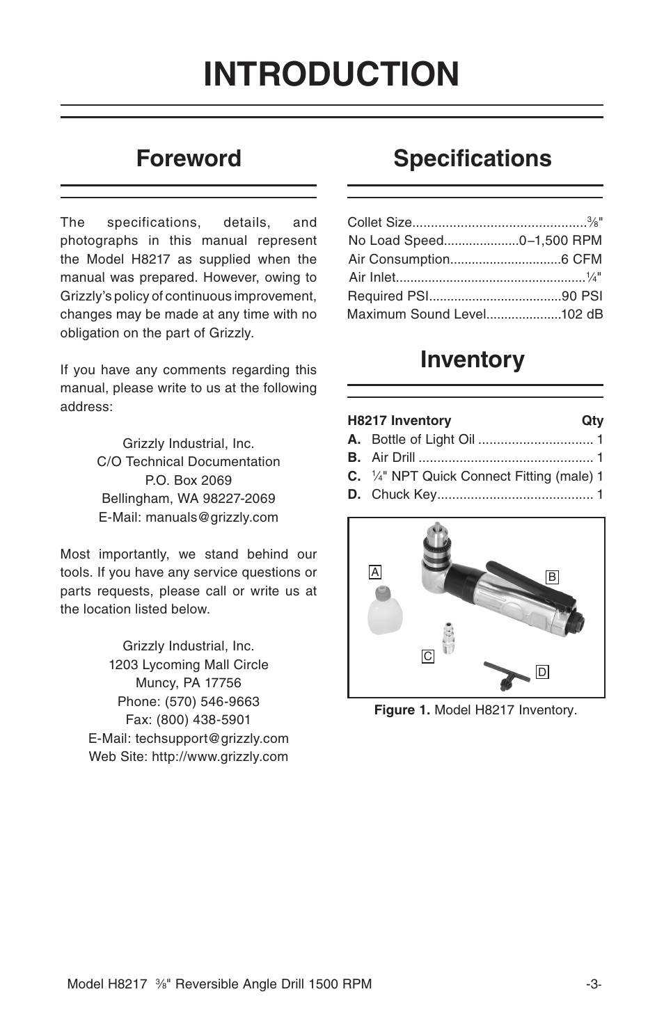 Introduction, Specifications foreword, Inventory | Grizzly H8217 User Manual | Page 5 / 8