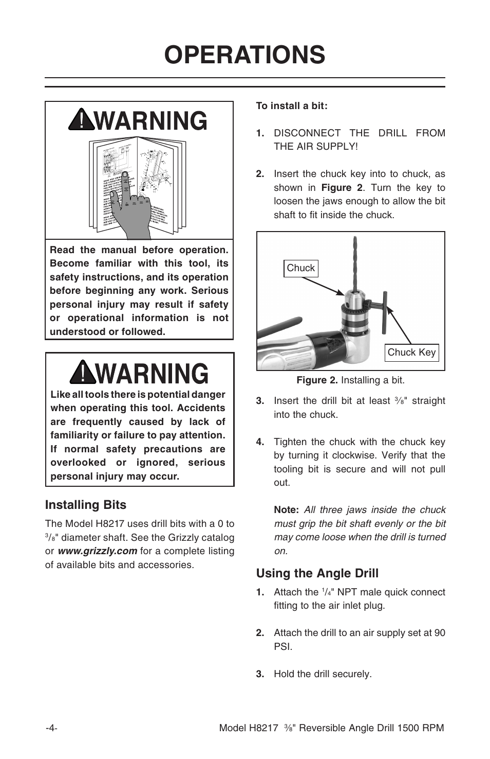 Operations, Installing bits, Using the angle drill | Grizzly H8217 User Manual | Page 6 / 8