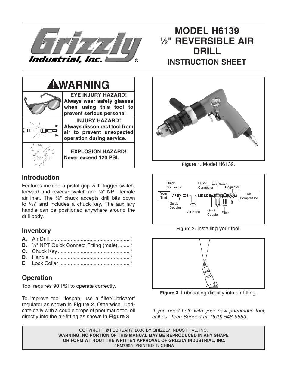 Grizzly 1/2" Reversible Air Drill H6139 User Manual | 2 pages