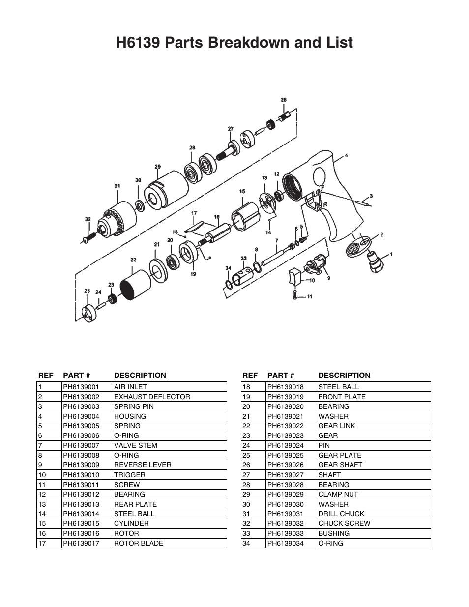 H6139 parts breakdown and list | Grizzly 1/2" Reversible Air Drill H6139 User Manual | Page 2 / 2