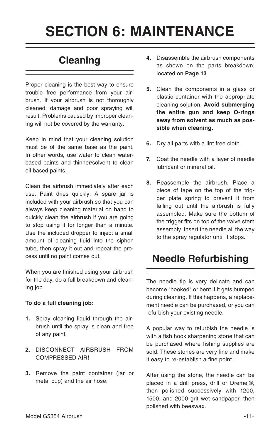 Cleaning, Needle refurbishing | Grizzly Airbrush Kit G5354 User Manual | Page 11 / 16