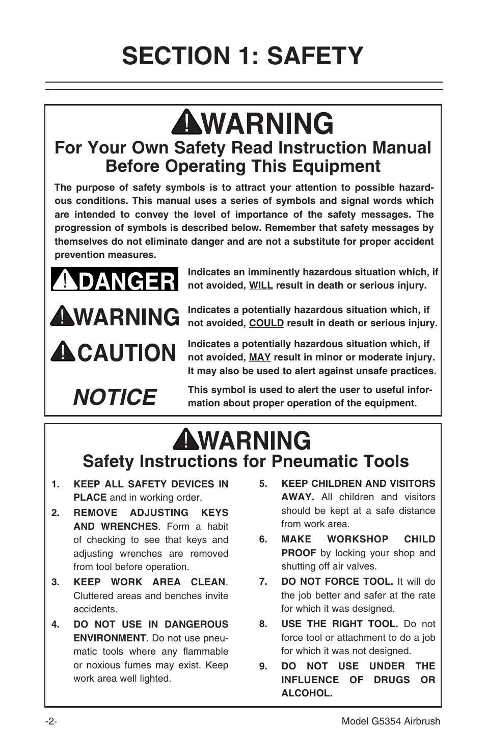 Notice, Safety instructions for pneumatic tools | Grizzly Airbrush Kit G5354 User Manual | Page 2 / 16