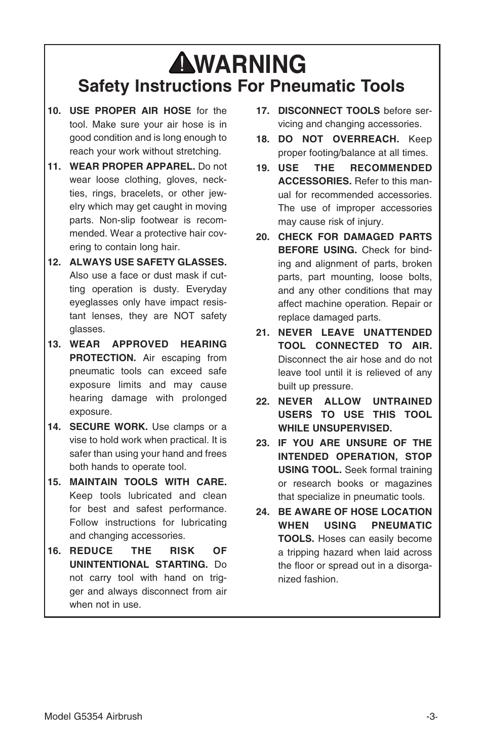 Safety instructions for pneumatic tools | Grizzly Airbrush Kit G5354 User Manual | Page 3 / 16