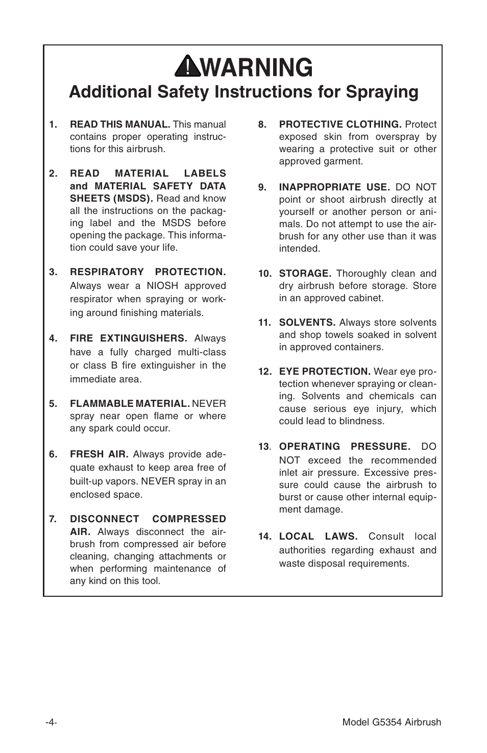 Additional safety instructions for spraying | Grizzly Airbrush Kit G5354 User Manual | Page 4 / 16