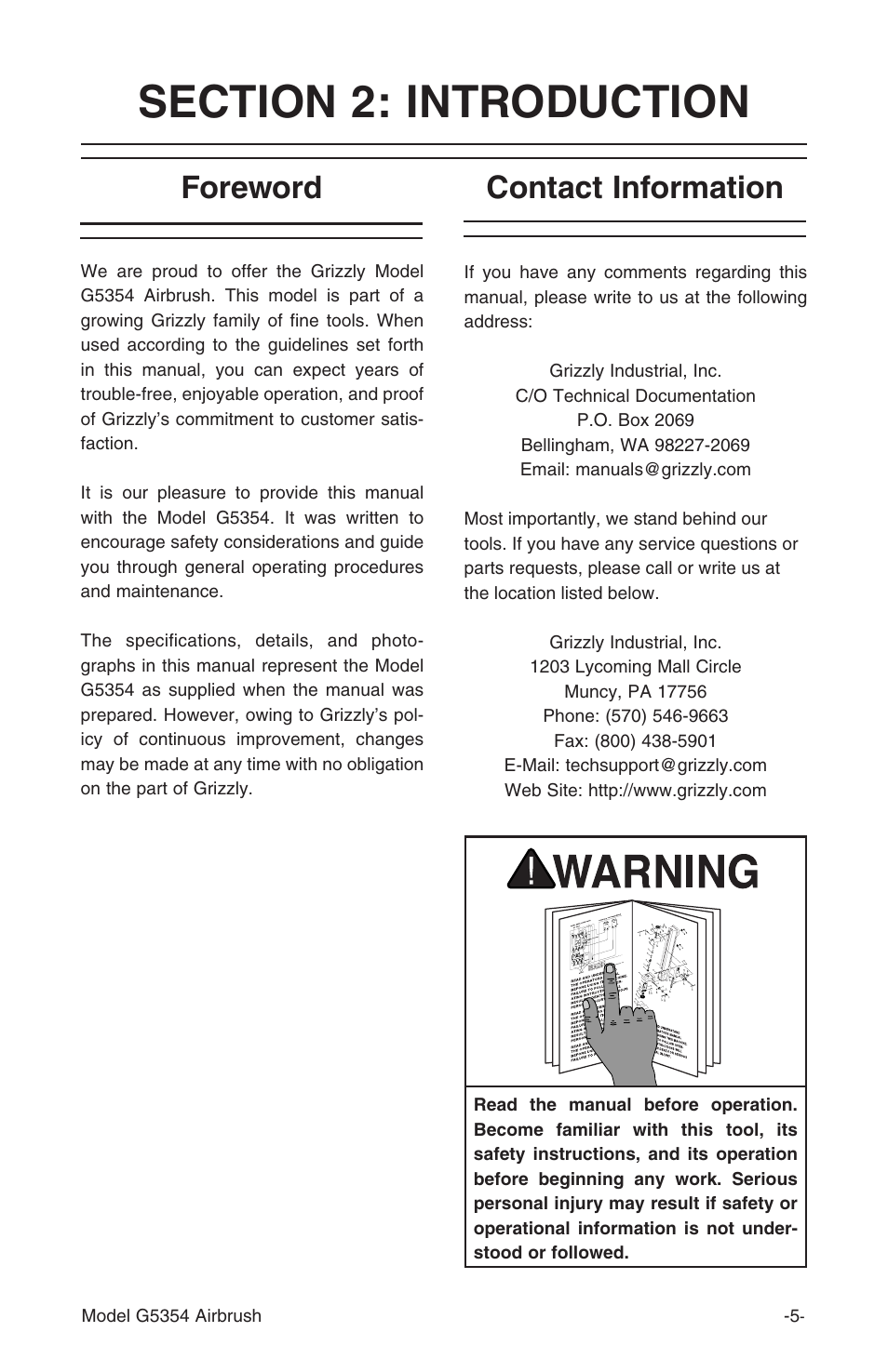 Foreword contact information | Grizzly Airbrush Kit G5354 User Manual | Page 5 / 16