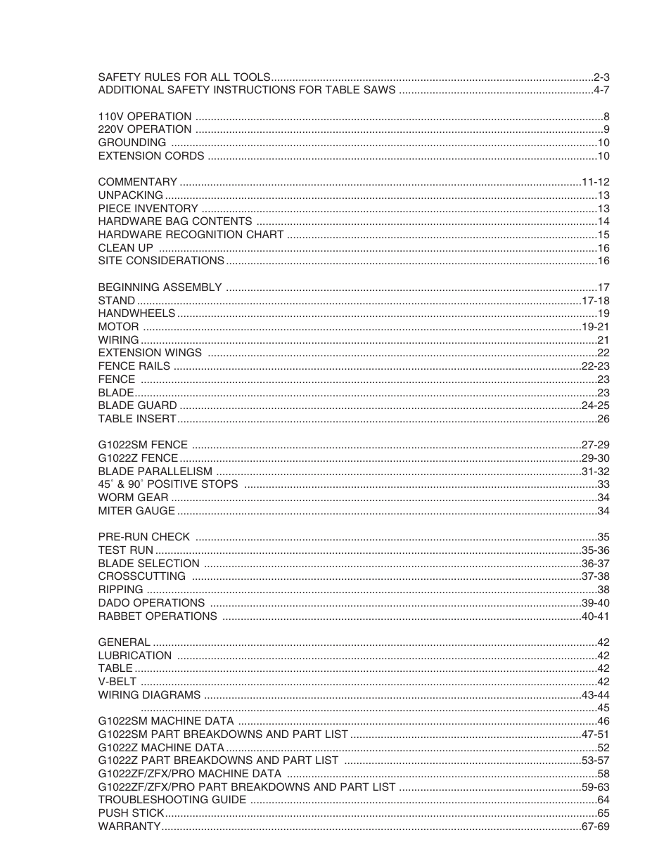 Page | Grizzly G1022ZF User Manual | Page 3 / 70