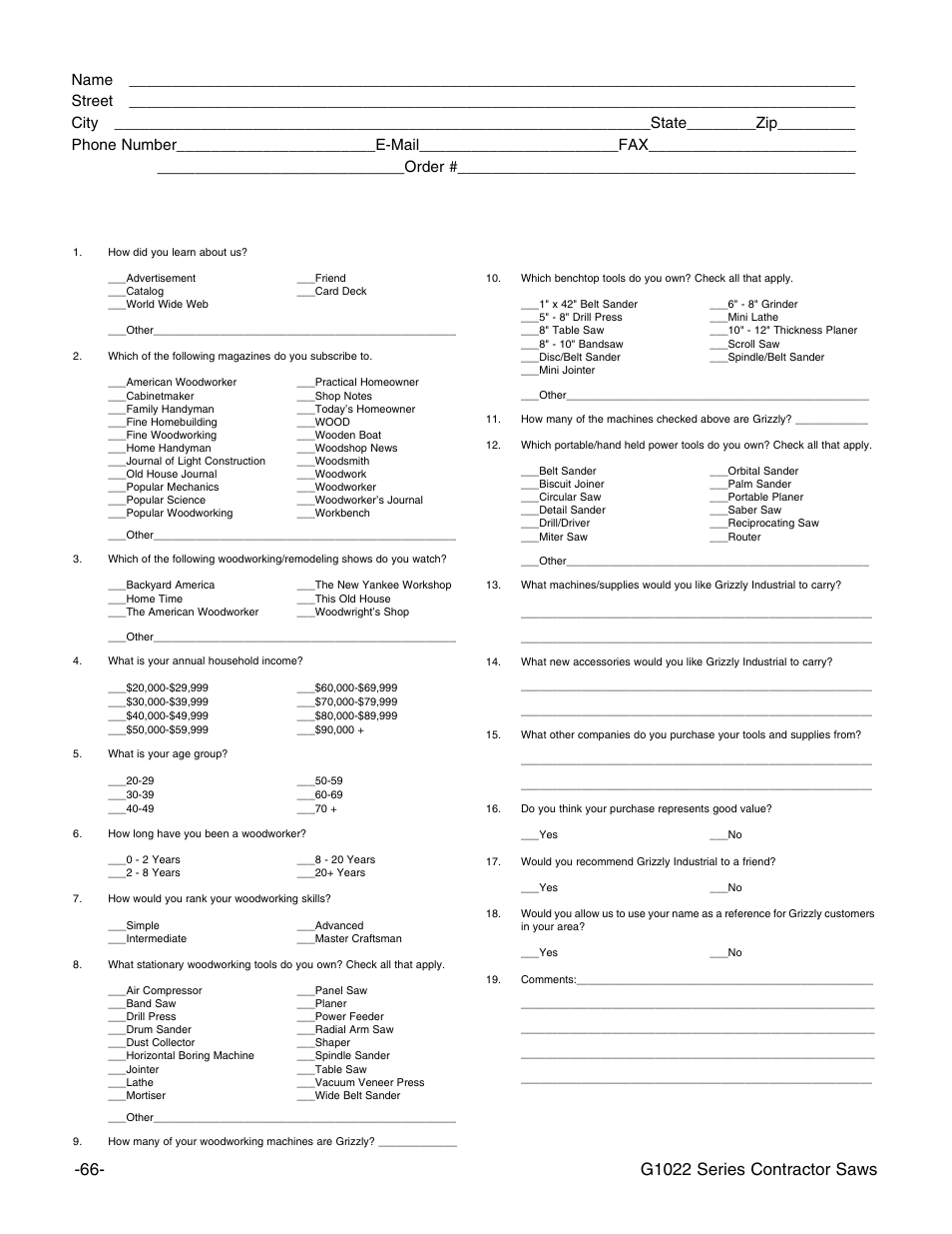 Warranty card, G1022 series contractor saws, Order | Grizzly G1022ZF User Manual | Page 68 / 70